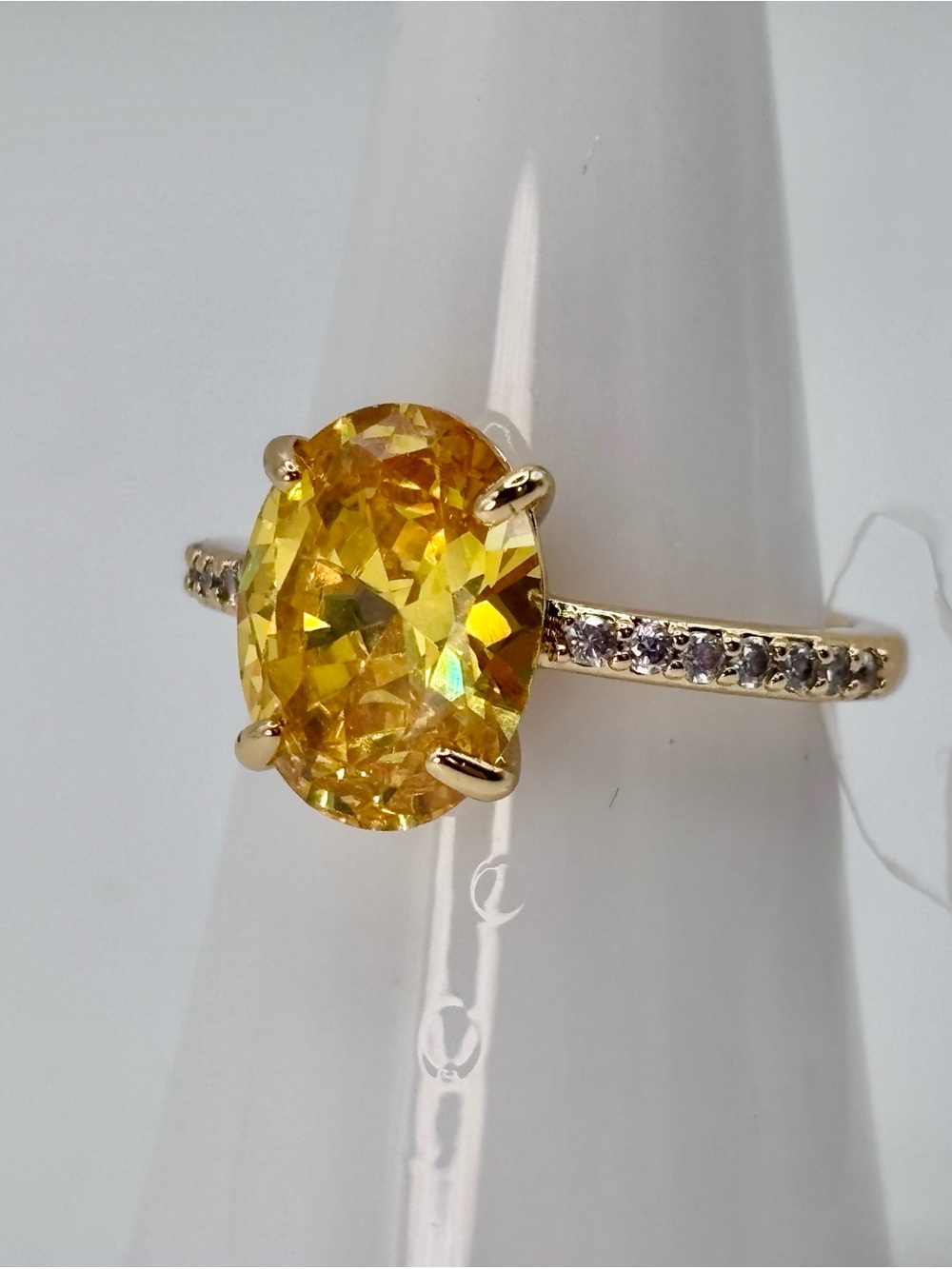 Yellow Oval Solitaire Ring with Pavé Band - Size 7